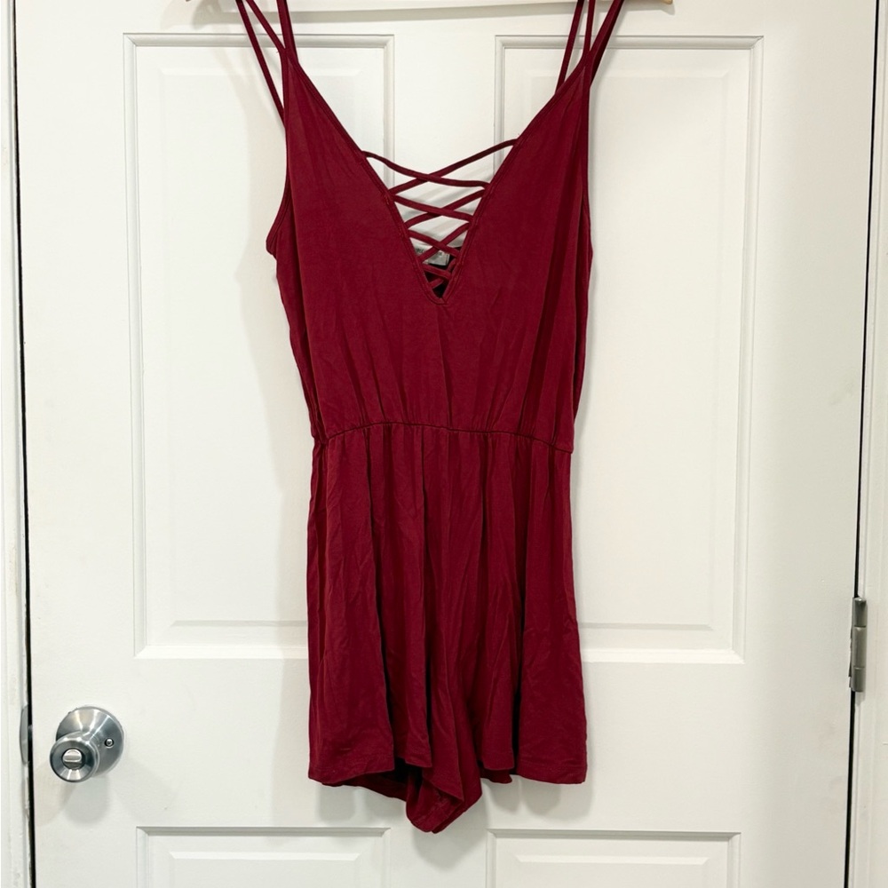 Free People Romper Burgundy Crisscross V-neck Boho Relaxed Beach Summer Size M - Picture 2 of 11
